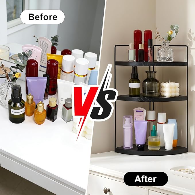 Corner Bathroom Counter Organizer Countertop Black, 2 Pack 3 Tier Corner Shelf Wood Vanity Tray Easy Assembly Space Saving Shelf for Kitchen, Bathroom, Dresser, Makeup, Office - Image 6