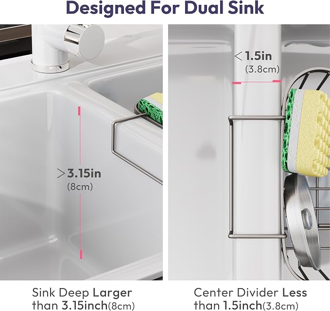 SWTYMIKI Sponge Holder for Kitchen Sink - Movable Kitchen Sink Caddy with M Shape Hook, Stainless Steel Hanging Sponge Caddy for Dish Sponge, Brush, Stopper Organizer in Double Sink, Sand Nickel - Image 2