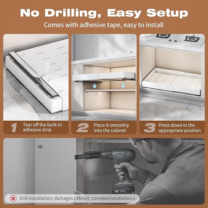 4 Pack Pull Out Cabinet Organizer Expandable, 21" Deep | Pull Out Drawers for Cabinets with Adjustable width from 12.6" to 21" Sliding Drawers for Cabinets with Heightening Pad No Drill for Kitchen - Image 7
