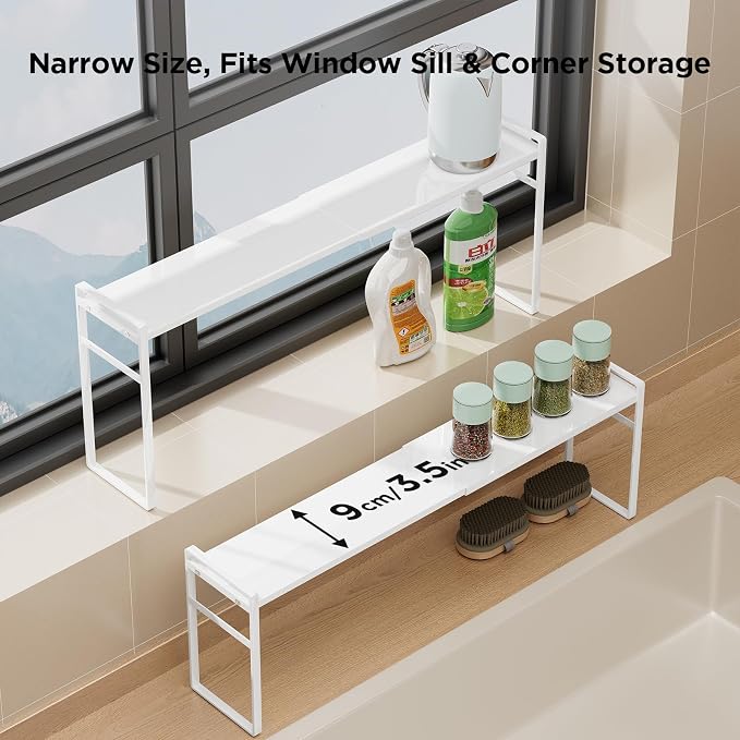Expandable Narrow Shelf Organizer with 2-Level Adjustable Height | White, Tall Countertop Organizer for Tight Spaces, Windowsill Plant Stand, Over-Sink/Faucet Shelf, Kitchen Counter Storage - Image 4