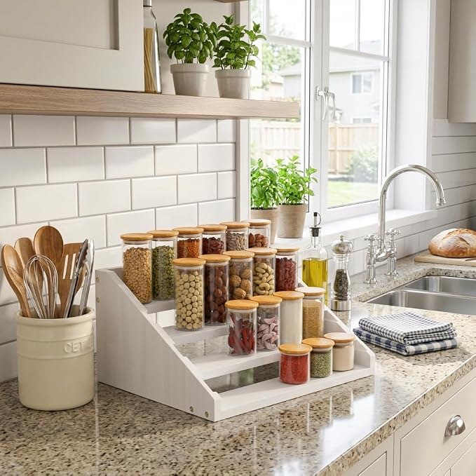 Solid Wood Spice Rack Organizer for Countertop & Cabinet, 4 Tier Adjustable Wooden Spice Shelf with Sliding Track, Premium Step Seasoning Bottle Holder for Kitchen, Cupboard, Pantry & Office, White - Image 2
