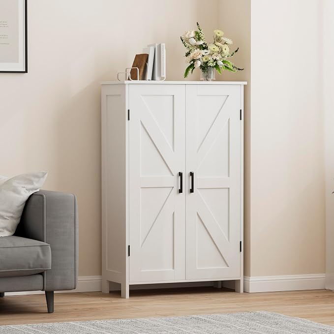 Homleke 43.3" H Farmhouse Bathroom Storage Cabinet with Adjustable Shelves | Freestanding Storage Cabinet with Barn Doors for Bathroom, Kitchen, Living Room, Dining Room & Entryway, White - Image 7