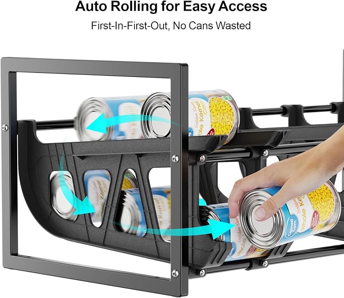 Can Storage Organizer Pantry - Auto-Rolling Expandable Hold 80 Cans | Stackable For Walk-in Deep Pantry Shelf, Adjustable Width for Food Cans, Sturdy Metal Frame, Easy Access & Restocking, Black - Image 4