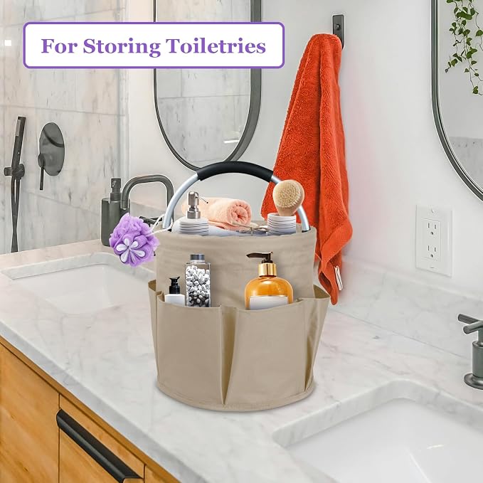 17L Cleaning Supply Caddy with Soft Handle, Portable Shower Caddy in 600D Oxford Fabric, Garden Tool Organizer Bag, Multifunctional Storage Basket for Bathroom, Garden, Khaki - Image 6