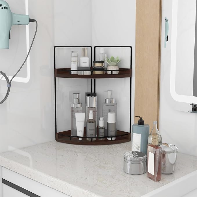 Dorhors Corner Bathroom Counter Organizer,Vanity Countertop Storage Shelf | 2-Tier Walnut Rack Holder for Skincare,Perfume,Makeup,Lotion,Wood Sink Tray Stand for Kitchen,Restroom,Dresser - Image 2
