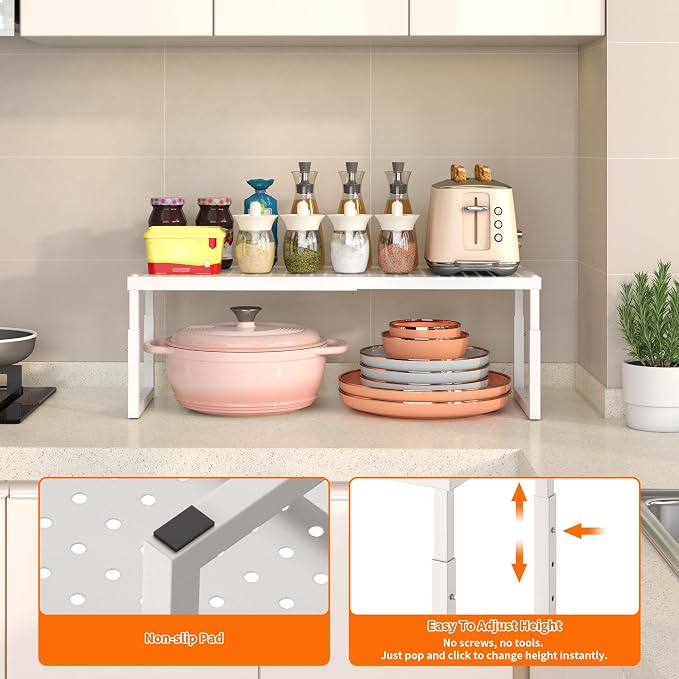 Shelf Organizer Riser For Cabinet Pantry Kitchen Countertop Cupbaord Closet | Expandable Width, Adjustable Height, Stackable As 2-Tier Shelf Rack, Snap-Button: Easily Adjust Height, Heavy Duty Metal - Image 4