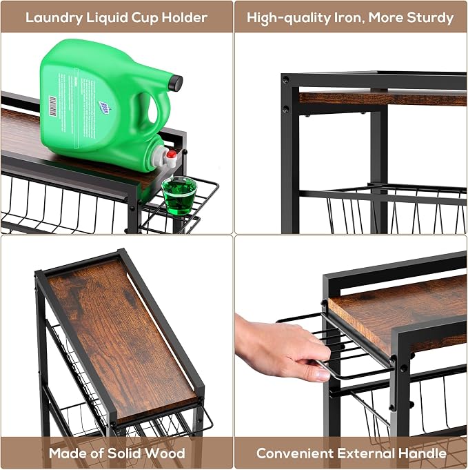 4 Tier Slim Rolling Storage Cart with Pull-Out Baskets, Narrow Sliding Storage Slim Laundry Rolling Cart Between Washer and Dryer - Image 5
