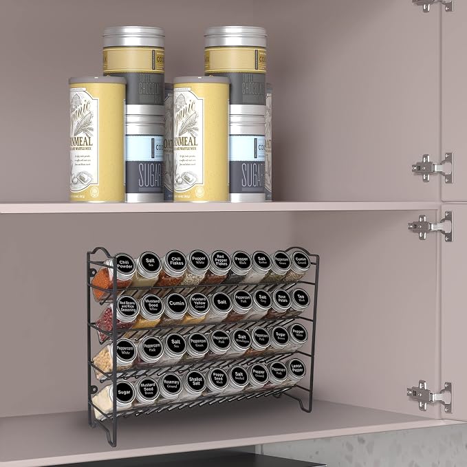 SWOMMOLY Spice Rack Organizer with 36 Spice Jars 4 oz, 396 Spice Labels | Chalk Marker, Funnel Set, Spice Organizer for Cabinet, Countertop, Pantry, Cupboard & Wall Mount, 16.5" W × 12.6" H, Black - Image 2