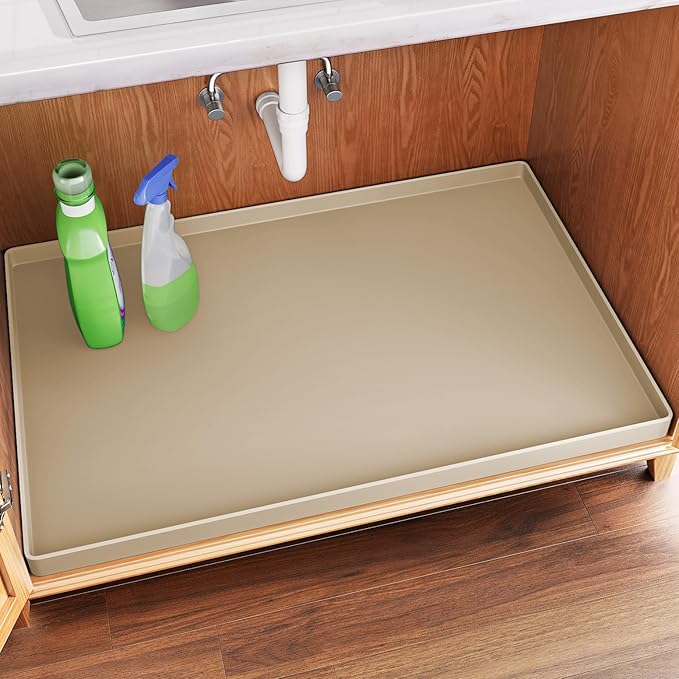 FLATO Waterproof Under Sink Mat, 22" x 22", Beige | Shelf Liner for Kitchen and Bathroom, Cabinet Protector, Organizers and Storage, Flexible Silicone Drip Tray by Unknown