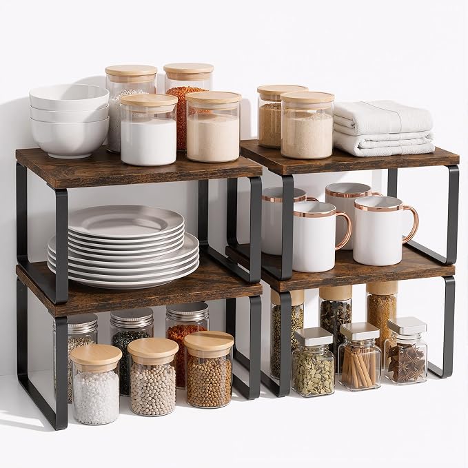 LAMU Cabinet Organizer Shelf, Set of 4 Expandable Kitchen Counter Shelve Plate Organizer for Cabiner, Stackable Spice Rack, CupBoard Organizers and Storage, Brown - Image 8