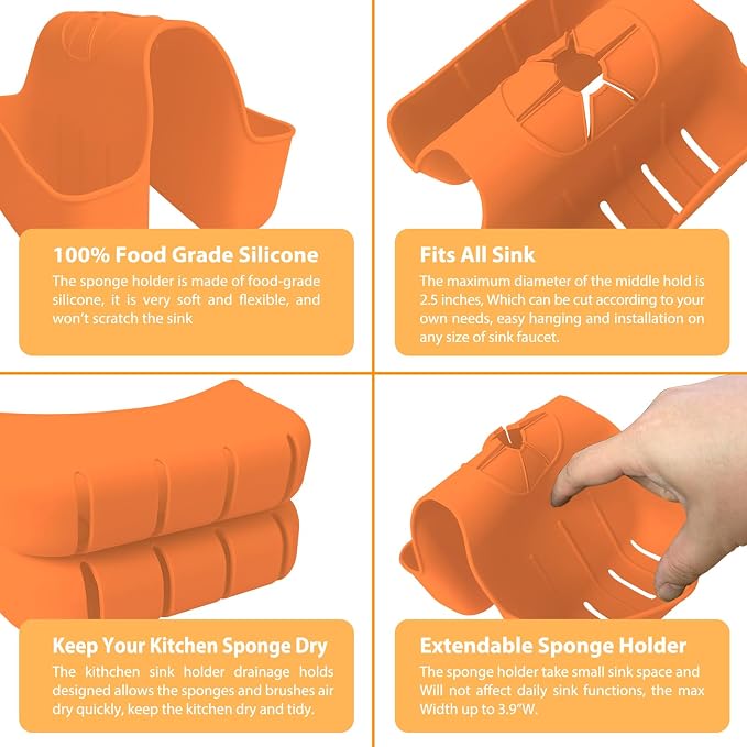 Sponge Holder for Kitchen Sink, Silicone Sink Saddle Caddy Organizer Rack, Sponges Holder Over Faucet, Hanging Kitchen Organizer Accessories Rack Basket - Orange - Image 3