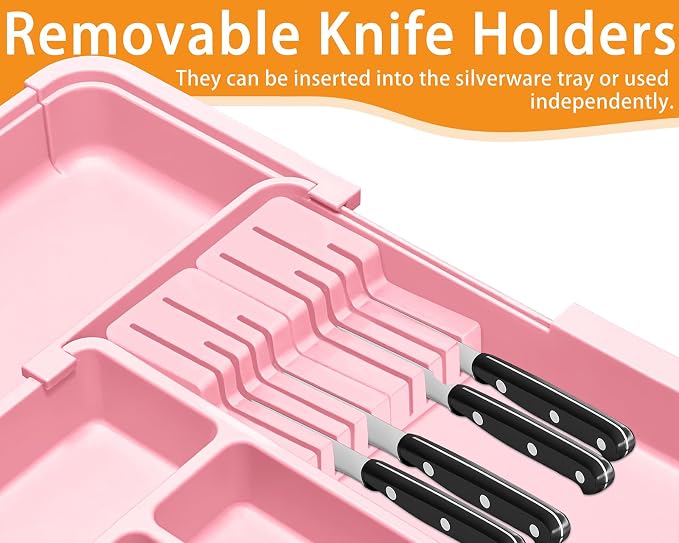 Silverware Organizer - Expandable Large Kitchen Drawer Organizer Utensil Organizer with 2 Knife Block Inserts, 22"x 19"Cutlery Tray with Drawer Dividers for Kitchen Flatware (Pink) - Image 3