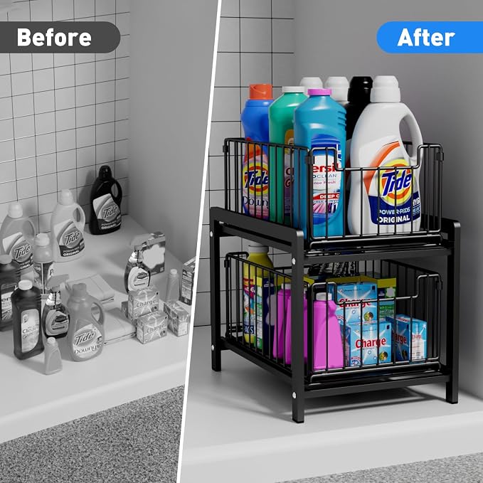 2-Tier Pull Out Cabinet Organizer, Slide Out Under Sink Organizer | Metal Cabinet Baskets with Mesh Sliding Drawer for Home, Office, Bathroom, Kitchen, Pantry Storage Shelf, Large Black - Image 5