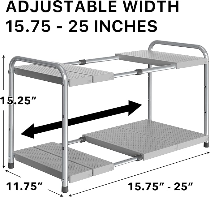 Simple Houseware Under Sink 2-Tier Heavy Duty Expandable Organizer, Silver | Adjustable Width 15.75–25 Inches with 4 Shelf Height Levels - Image 2