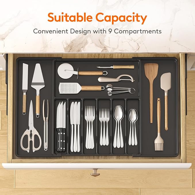 Lifewit Extra Large Silverware Drawer Organizer, Expandable Utensil Tray | BPA Free Flatware Cutlery Holder for Kitchen, Adjustable Plastic Storage for Spoons Forks Knives, 17- 30 x 18.5", Black - Image 3
