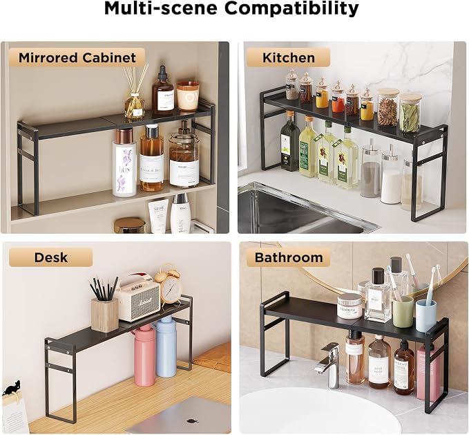 Expandable Narrow Shelf Organizer with 2-Level Adjustable Height | Black, Tall Countertop Organizer for Tight Spaces, Windowsill Plant Stand, Over-Sink/Faucet Shelf, Kitchen Counter Storage - Image 9