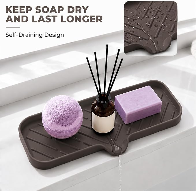 MicoYang Silicone Soap Dish with Drain Spout — Self-Draining Double Sink Organizer Tray for Kitchen & Bathroom, Dispensers, Sponges & Soap Holder, Non-Slip & Dishwasher Safe, Coffee (Large, 12"×4") - Image 7