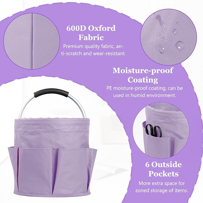 17L Purple Shower Caddy for Women, Foldable Cleaning Caddy with Handle and 6 Pockets, 600D Oxford Fabric Garden Tool Bag, Multifunctional Storage Basket for College, Dorm, Family, Purple - Image 5