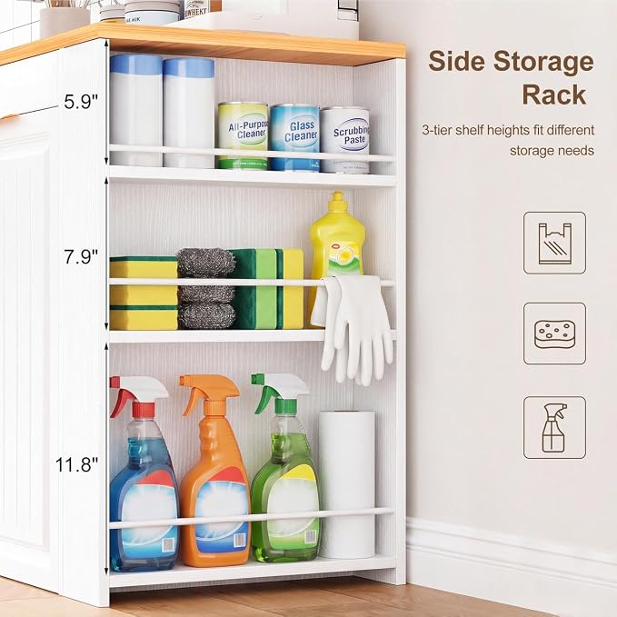 Double Pull Out Trash Can Cabinet 2x13 Gallon, Side Storage Rack, White | Pet Proof, Freestanding Kitchen Cabinet, Garbage Recycling, Laundry Hamper, Modern Farmhouse Waste Bin Furniture - Image 5