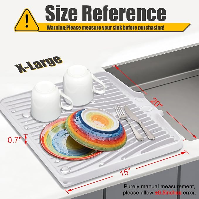 TIKNIK Silicone Dish Drying Mat for Kitchen Counter, White-1pcs, 20" x 15" | Heat Resistant & Non-Slip Dish Drain Pad with Built-In Drain, Dishwasher Safe, Quick-Dry, Hangable & Roll-Up for Storage - Image 2