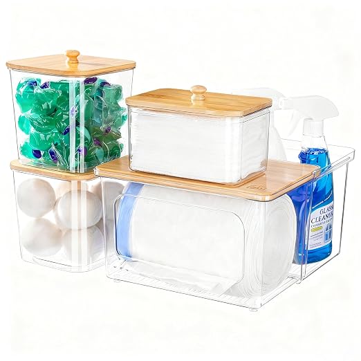 iCASA Trash Bag Dispenser Dishwasher Pods Container Under Sink Organizer | 5 in 1 Stackable Trash Bag Holder Garbage Bag Dispenser for 13/30/33 Gallon Bags, Clear Storage Bins Laundry Pods Container by iCASA