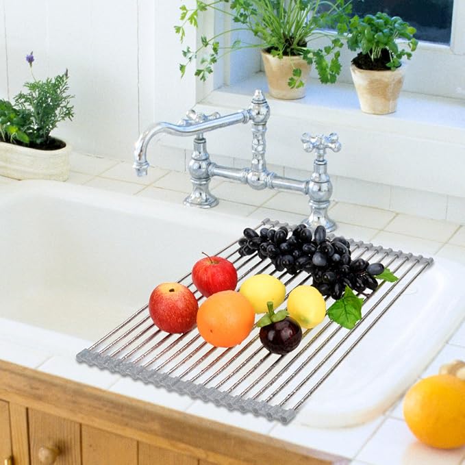 Hhyn Roll Up Dish Drying Rack 20.5"(L) x 13.8"(W), Gray | Stainless Steel and Silicone Dish Drying Mat Over The Sink Foldable Drain Rack Multipurpose Dish Drainer Extra Large - Image 5