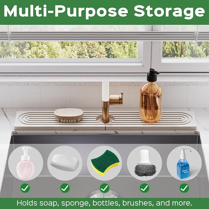 23.6 Inch Stone Faucet Mat for Kitchen Sink Splash Guard - Diatomite Quick Dry Stone Mat Kitchen Sink Protectors, Water-Absorbent Faucet Handle Drip Tray(White, 23.6" x 3.9") - Image 6