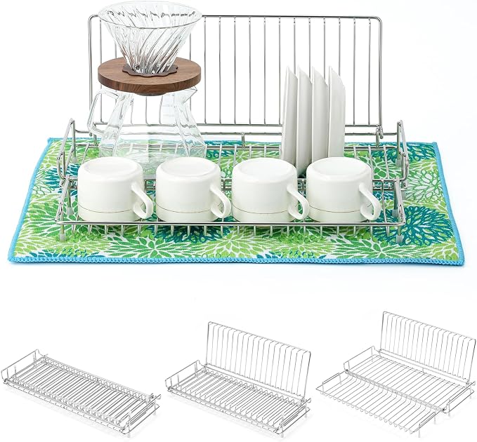 Collapsible Dish Drying Rack with Green Mat, Small Space Dish Rack for Dorm | JM.JEEMI Folding Compact Dishes Drying Rack for Kitchen Counter - Foldable, 304 Stainless Steel, Silver by JMJEEMI