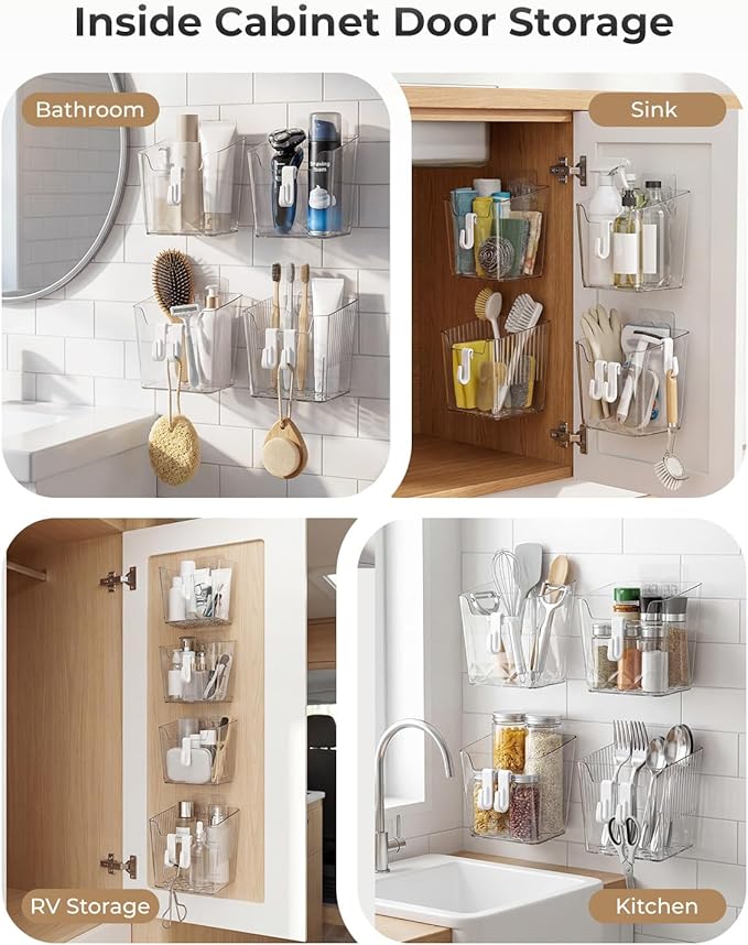 Wall Mount Organizer, 6 Hooks and 4 Pack Cabinet Door Storage Bins, Space-Saving Adhesive Bathroom Wall Organizer, Wall Storage for Office, Cabinet, Pantry, Kitchen, Makeup - Image 5