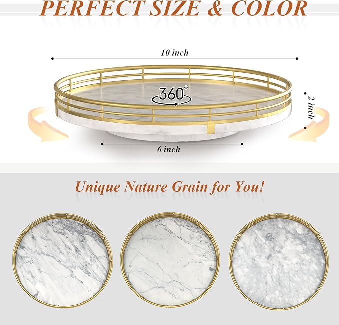 AMH 10-Inch White Marble Lazy Susan with Gold Frame | Smooth rotating oak tray with walnut finish for dining tables, kitchen counters, pantries and cabinet storage. - Image 6