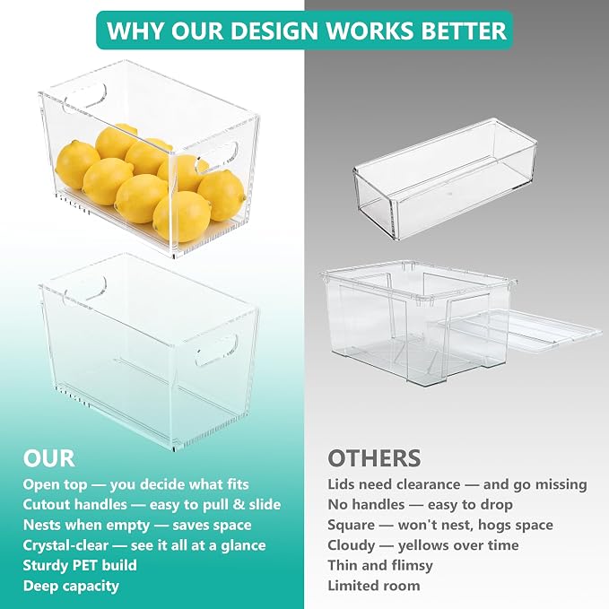 4 Pack Clear Storage Bins, PET Pantry Organizers & No-Tip Storage Containers with Cutout Handles for Fridge Freezer Kitchen Cabinet Closet Countertop, Nestable Open Top Organization Bins Save Space - Image 6