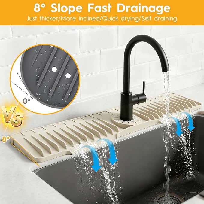 16" Silicone Faucet Mat for Kitchen Sink of The Lastest, Beige | 8° Slope Fast Self-draining, Kitchen Sink Water Splash Guard, Behind Faucet Draining Mat, for Bathroom Kitchen Sink Area - Image 3