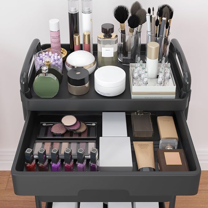 Calmootey 3-Tier Utility Cart with Drawer & Wheels, Storage for Home,Office | Space-Saving Organizer, Sturdy Plastic Shelves, Smooth-Rolling Metal Wheels, Built-in Drawer for Small Items, Black - Image 9