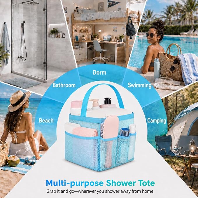 Mesh Shower Caddy Portable - 9 Pockets for College Dorm Room Essential | Large Capacity Mesh Shower Caddy with 9 Pockets, Portable Hanging Toiletry Bag for College Dorm, Gym, Camping and Beach - Image 4