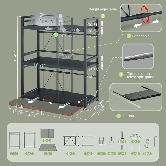 3 Tier Expandable Microwave Stand countertop,Microwave Oven Rack | Pull-Out Microwave Shelf, storage shelves for pans &appliances,Adjustable partition height，55 Lbs load Per Tier,Black - Image 3