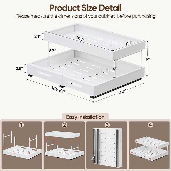 Nacial 2 Tier Pull Out Cabinet Organizer,Expandable(12.3"-20.7" W),White | Slide Out Cabinet Drawer with Adhesive Nano Film, Adjustable Heavy Duty Roll Out Shelves for Kitchen Pantry Bathroom Storage - Image 2
