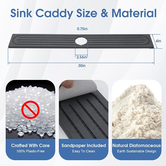 Stone Faucet Mat for Kitchen Sink with Raised Feet, Durable Diatomite Fast-Drying Stone Tray, Non-Slip Decorative Sink Protector for Kitchen Bathroom Counter, Easy Clean, Pure black, 30" x 4" - Image 3