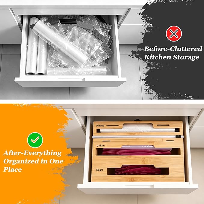 Allinside Magnetic Kitchen Bag Organizer and Plastic Wrap Dispenser with Slide Cutter, 3-in-1 Bamboo Kitchen Foil Storage Holder Compatible with Gallon, Quart, Sandwich Snack Bags - Image 3