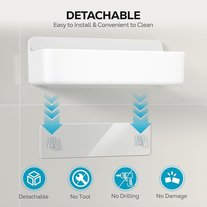 Nieifi Adhesive Shower Shelves, White, 3 Pieces | Rustproof ABS, Large Capacity, Removable Design, Easy-Clean, No Drilling Shower Organizer for Bathroom Storage & Home Decor - Image 4