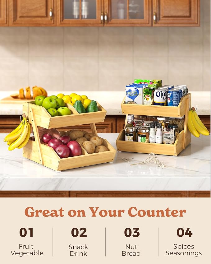 2-Tier Bamboo Fruit Basket with 2 Banana Holders | Large tiered organizer for bread, snacks, veggies. Sturdy bamboo, includes mats & dividers. Easy to assemble. - Image 4