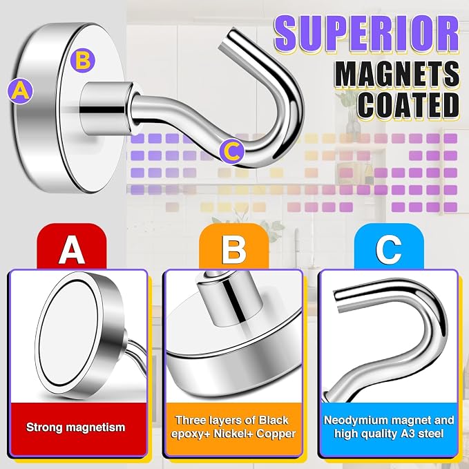 Magnetic Hooks for Cruise Cabins, 50LBS+, 25 Pack, Silver | Cruise Essentials 2026, Heavy Duty Magnets Hooks for Refrigerator, Storage, Grill, Hanging and Kitchen - Image 4