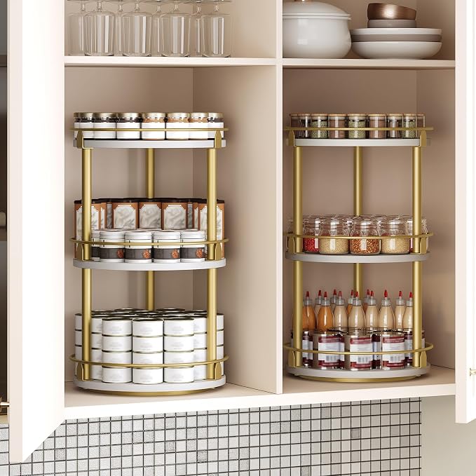 3-Tier Lazy Susan, Rotating Spice Rack, Spinning Organizer, Industrial Turntable Spice Rack for Cabinet, Kitchen Countertop, Pantry, White and Gold SR23DW - Image 3