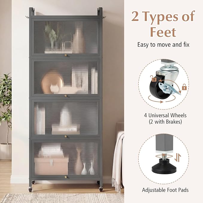 GIANTEX 5-Tier Kitchen Storage Cabinet, 4 PC Doors, Rolling Wheels, Grey | Mobile Metal Pantry Cabinet with 4 Hooks & Adjustable Feet, 60" Baker's Rack Microwave Stand for Dining & Living Room - Image 8