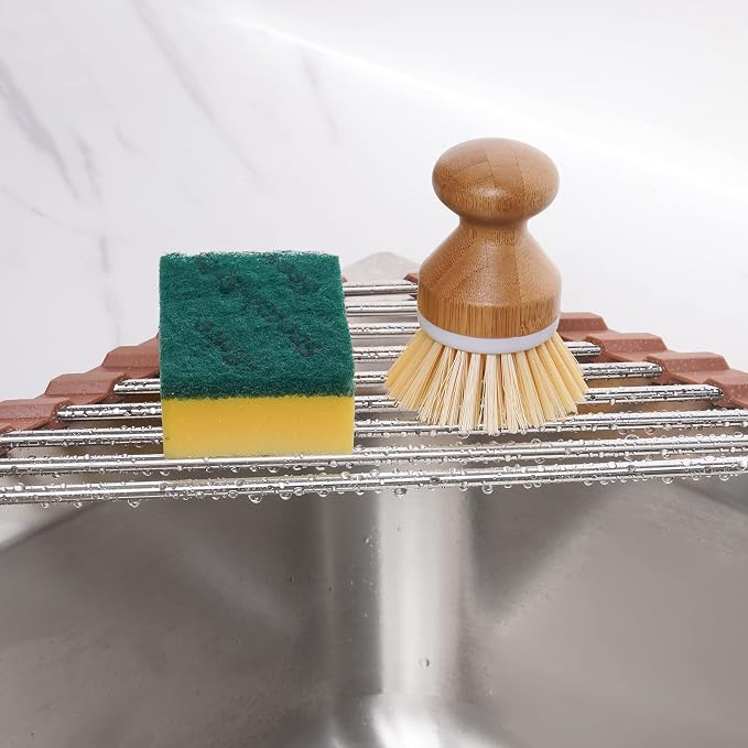 Tomorotec Triangle Roll-Up Dish Drying Rack for Sink Corner Small Foldable Stainless Steel Over The Sink Multipurpose Kitchen Drainer Caddy Trivet Rustproof Storage Shelf (Chocolate Brown) | BPA-Free Food-Grade Silicone Edges Foldable Waterproof Rustpr... - Image 3