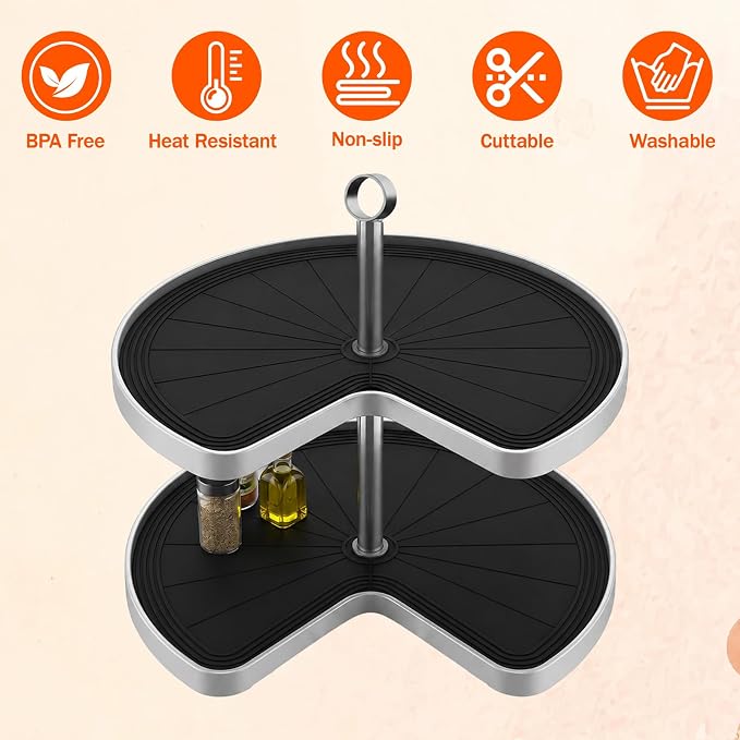 2 PCS 26.5" Lazy Susan Shelf Liner, Silicone Non-Slip Heat Resistant Turntable Mat, Pie Cut Organizer for Kitchen Cabinet Drawer Refrigerator Cupboard, Black - Image 7