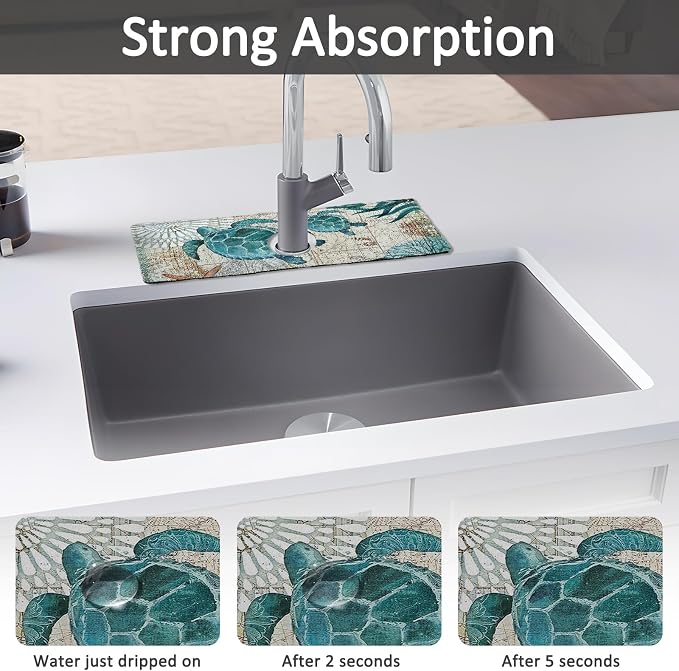 15" X 5.5" Kitchen Sink Splash Guard Faucet Mat Sea Turtles Super Absorbent Fast Drying Faucet Guard & Draining Mat Sink Splash Guard Behind Faucet for Kitchen, Bathroom - Image 3