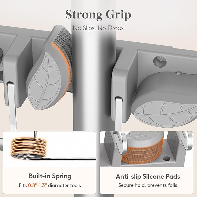 Lifewit Mop and Broom Holder Organzier Wall Mount Non-Slip, 1 Pack, Gray | Easy Install One Handed Push Cleaning Tool Hanger with 6 Hooks 5 Slots, Heavy Duty Hanging Utility Rack for Garden, Garage - Image 2