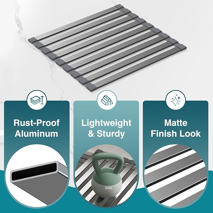 COOL-ANGLE Aluminum Roll Up Dish Drying Rack, 17.7x13.4 Inches, Matte Gray | Rust proof aviation aluminum, Heat resistant trivet up to 400F, Fits sinks up to 16.8 inches, Foldable for compact RV storage - Image 7