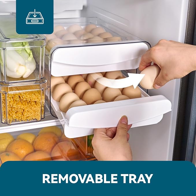 Luckore 2 Tier Egg Holder for Fridge Container for 40 Eggs with Drawer | Clear Stackable Egg Organizer Holder Tray for Fridge, Storage Container with Handles for Refrigerator, Countertop - Image 3