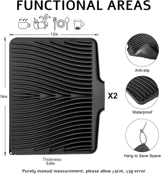 TIKNIK Silicone Dish Drying Mat for Kitchen Counter, Black-2pcs, 16" x 12" | Heat Resistant & Non-Slip Dish Drain Pad with Built-In Drain, Dishwasher Safe, Quick-Dry, Hangable & Roll-Up for Storage - Image 2